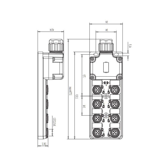 M12 junction box, dual channel, Without LED, 8-port split, PCB terminal with plug, 24W8SN